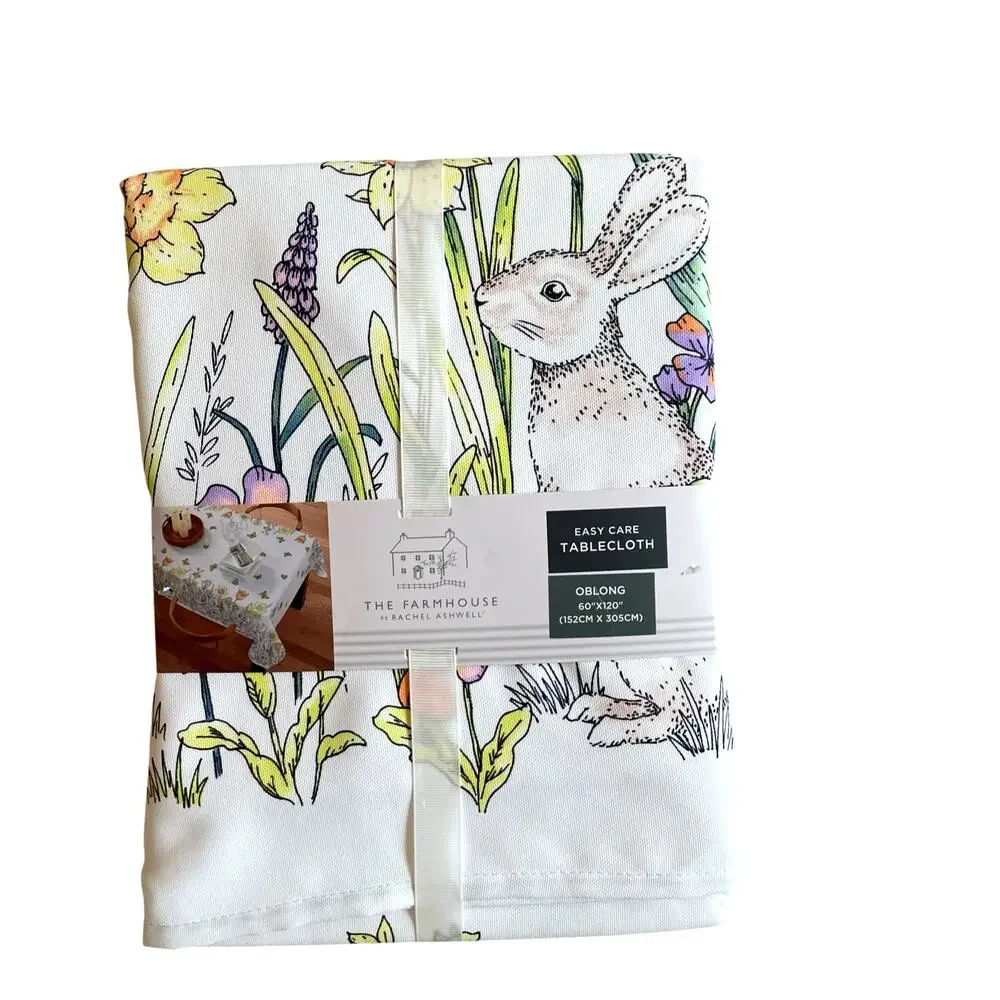 The Farmhouse Spring Floral Bunnies Easter Tablecloth 60x120 Pop of Color New